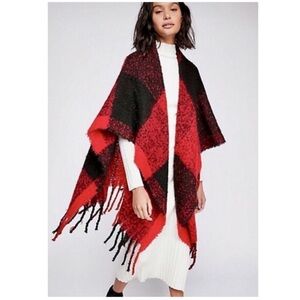 Free People Black & Red Plaid Fringe Shawl OS